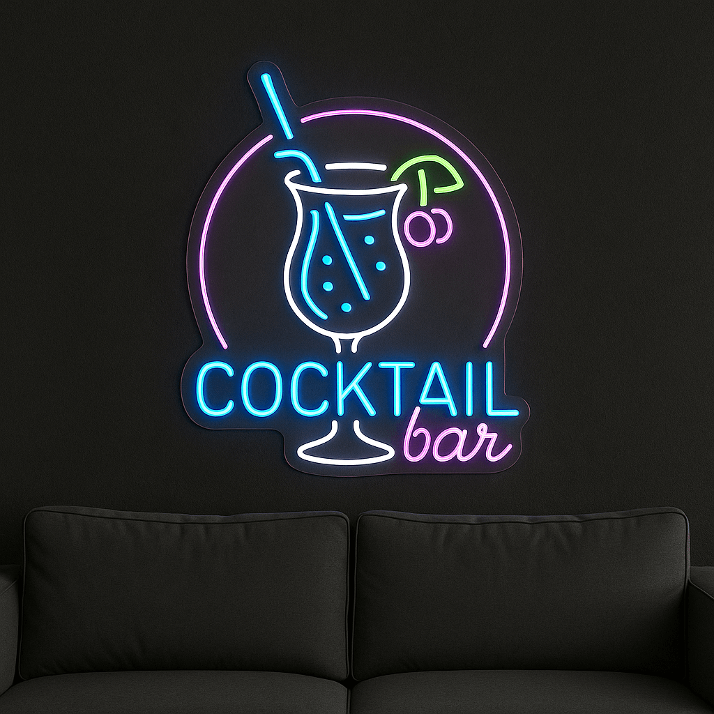 LED Cocktail Bar Neonschild über Sofa – pink, blau & grün leuchtend