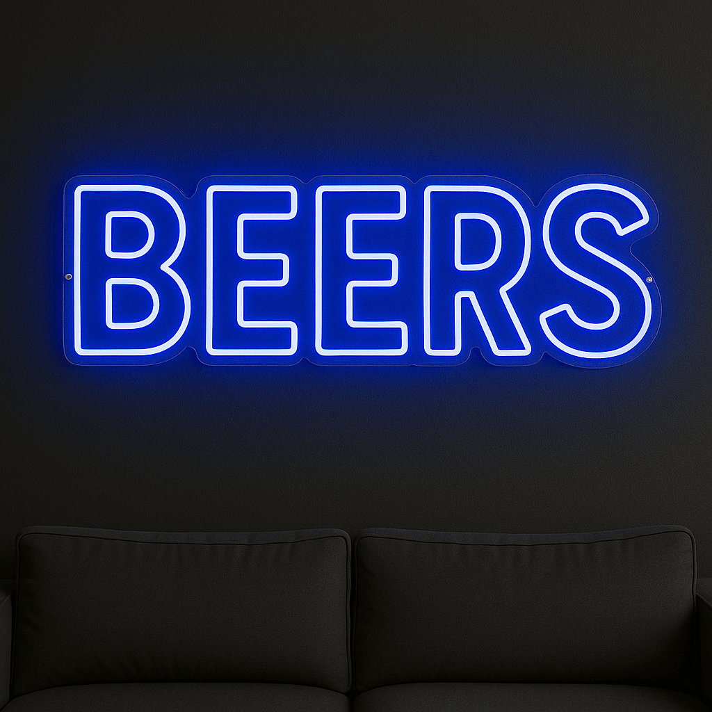 LED Neonschild "BEERS" in Blau an dunkler Wand montiert