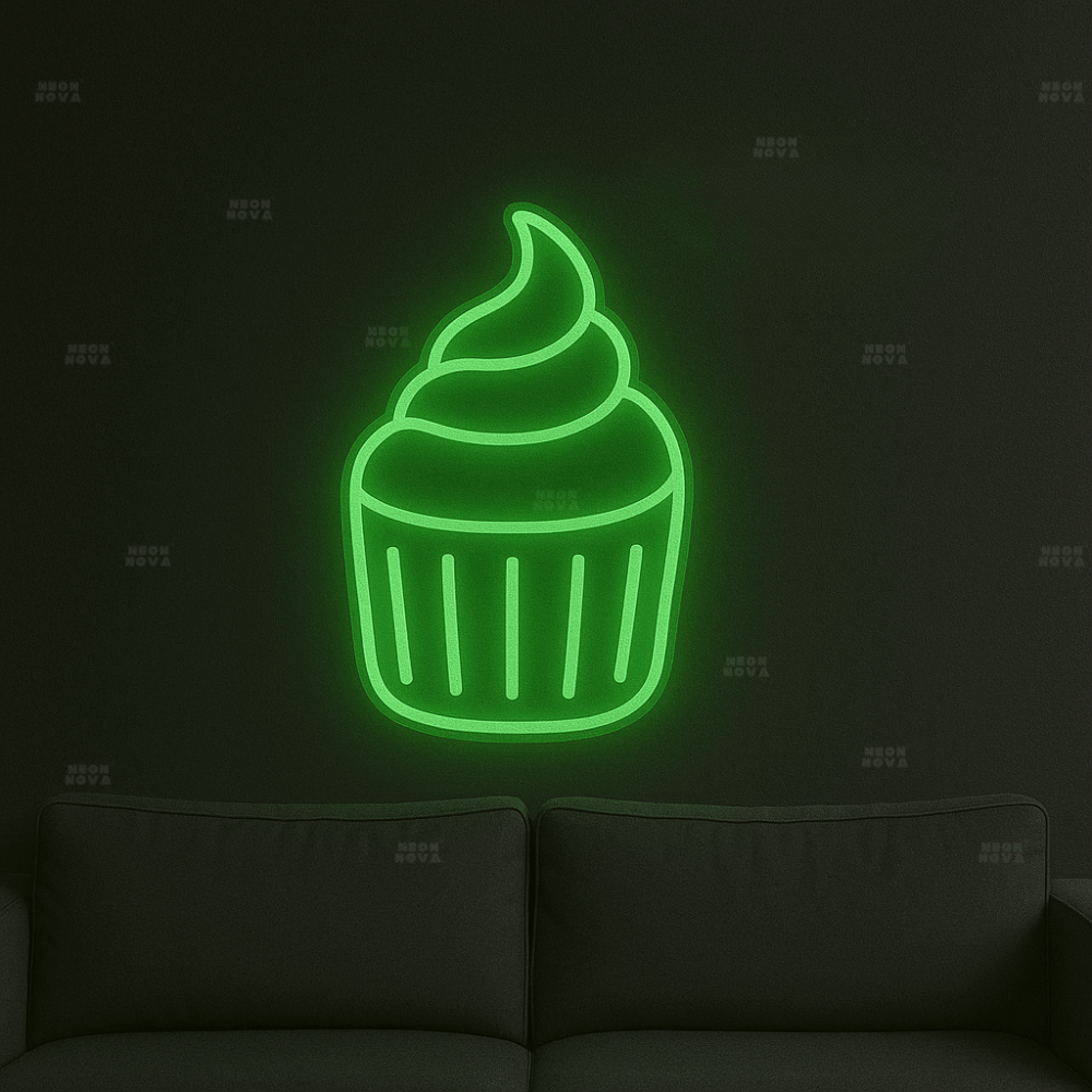 LED Neonschild "Cupcake" in Grün an dunkler Wand montiert
