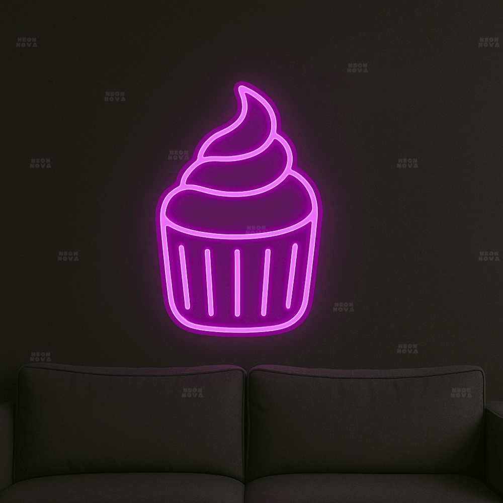 LED Neonschild "Cupcake" in Hotpink an dunkler Wand montiert