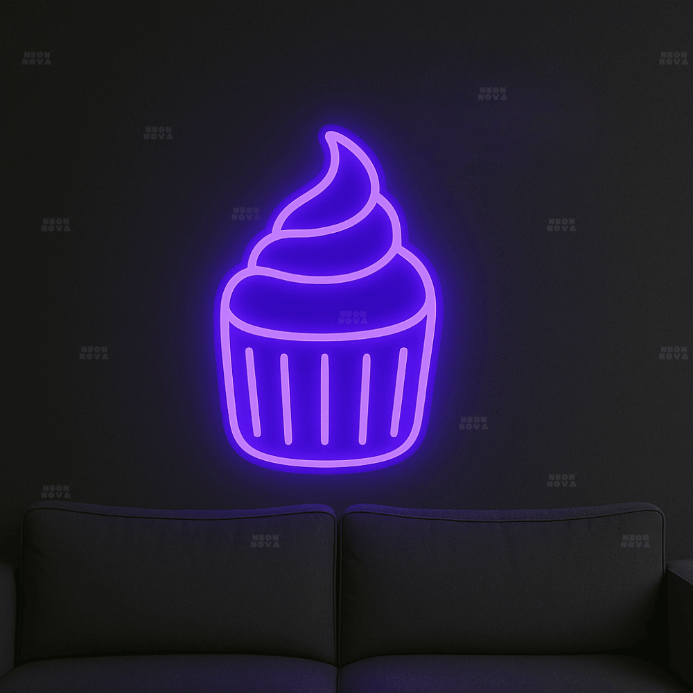 LED Neonschild "Cupcake" in Lila an dunkler Wand montiert