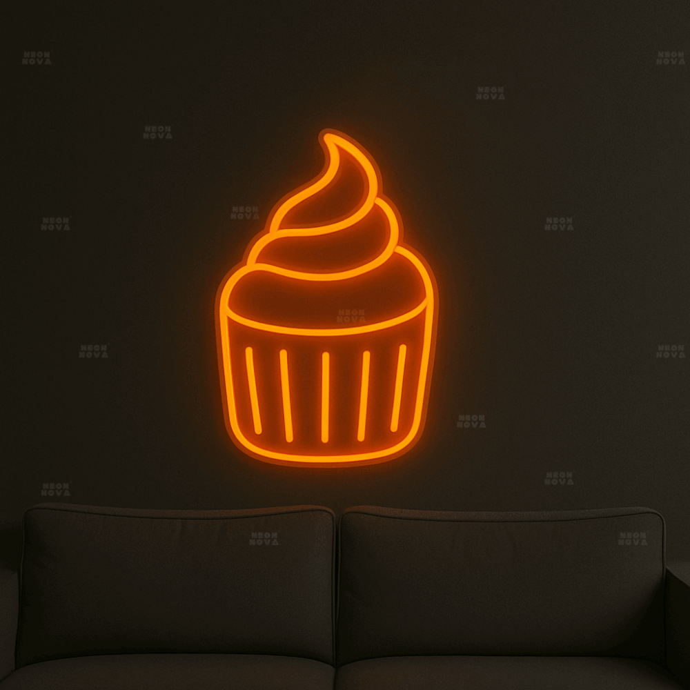 LED Neonschild "Cupcake" in Orange an dunkler Wand montiert