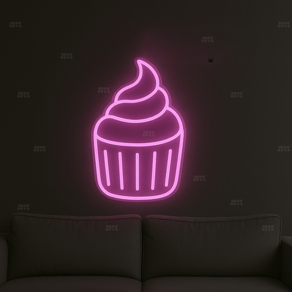 LED Neonschild "Cupcake" in Pink an dunkler Wand montiert
