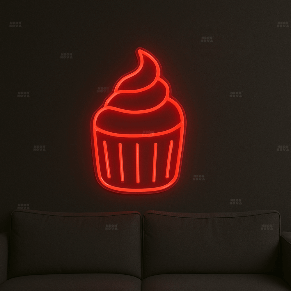 LED Neonschild "Cupcake" in Rot an dunkler Wand montiert