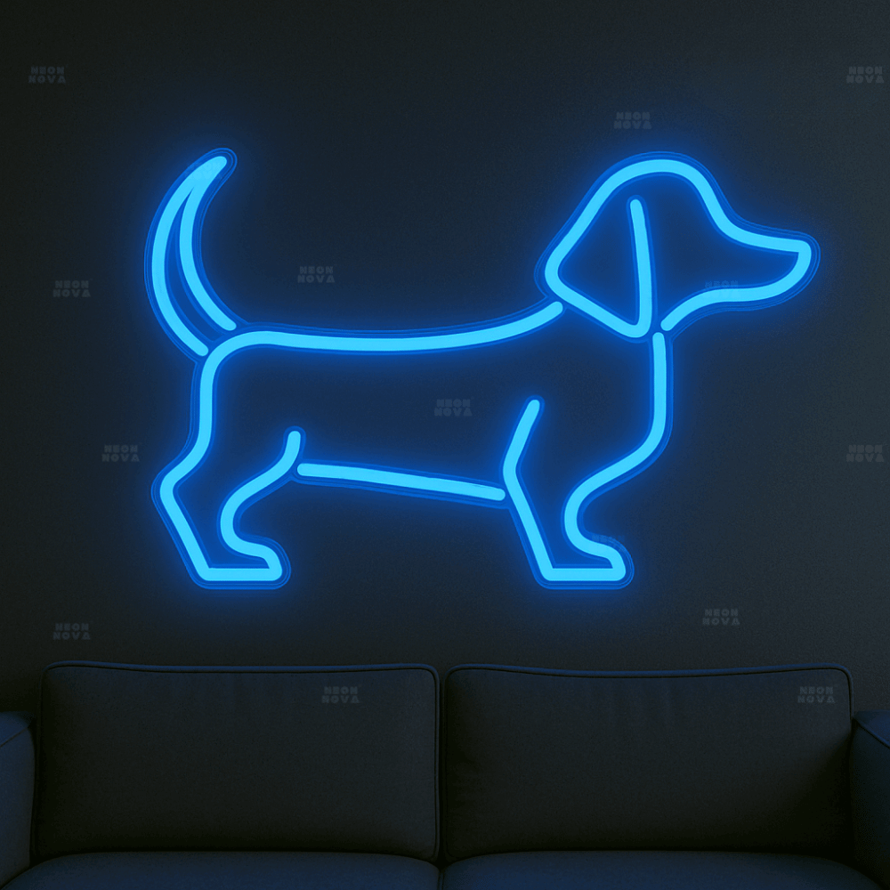 LED Neonschild "Dackel" in Blau an dunkler Wand montiert