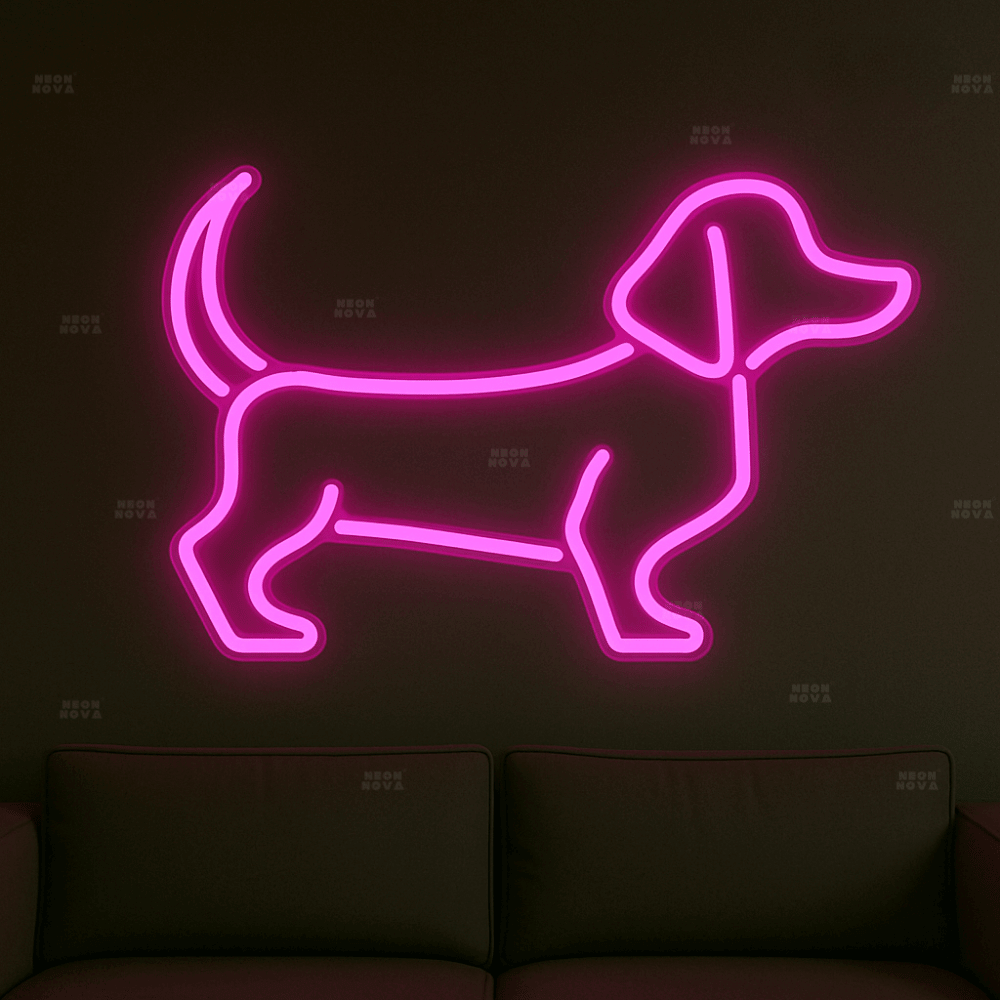 LED Neonschild "Dackel" in Hotpink an dunkler Wand montiert