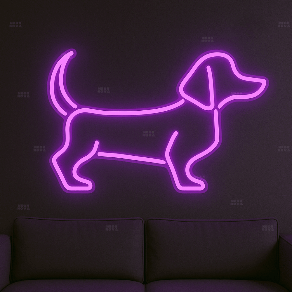 LED Neonschild "Dackel" in Lila an dunkler Wand montiert