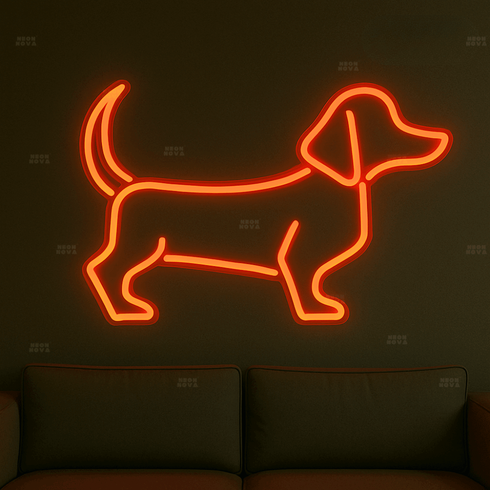 LED Neonschild "Dackel" in Orange an dunkler Wand montiert