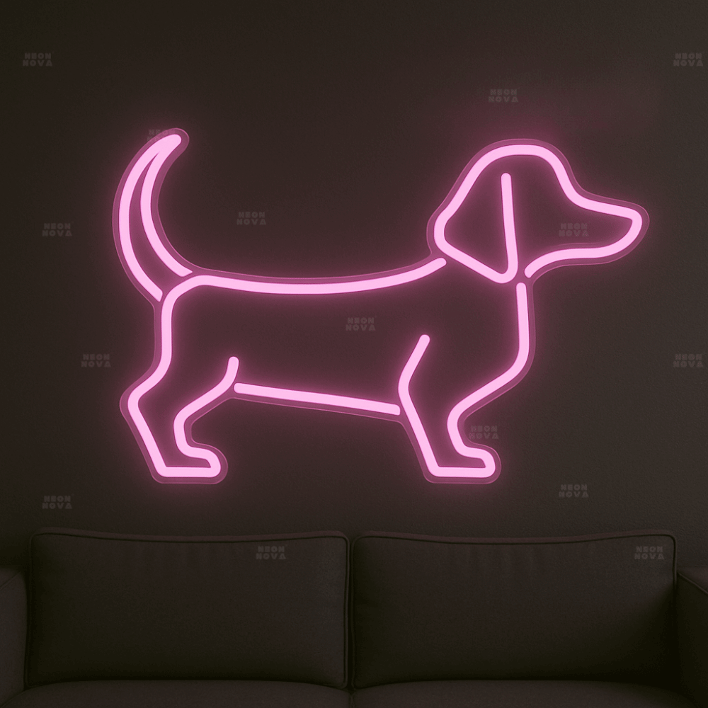 LED Neonschild "Dackel" in Pink an dunkler Wand montiert