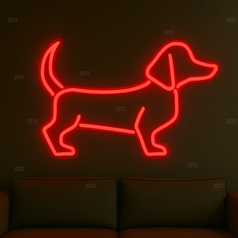 LED Neonschild "Dackel" in Rot an dunkler Wand montiert