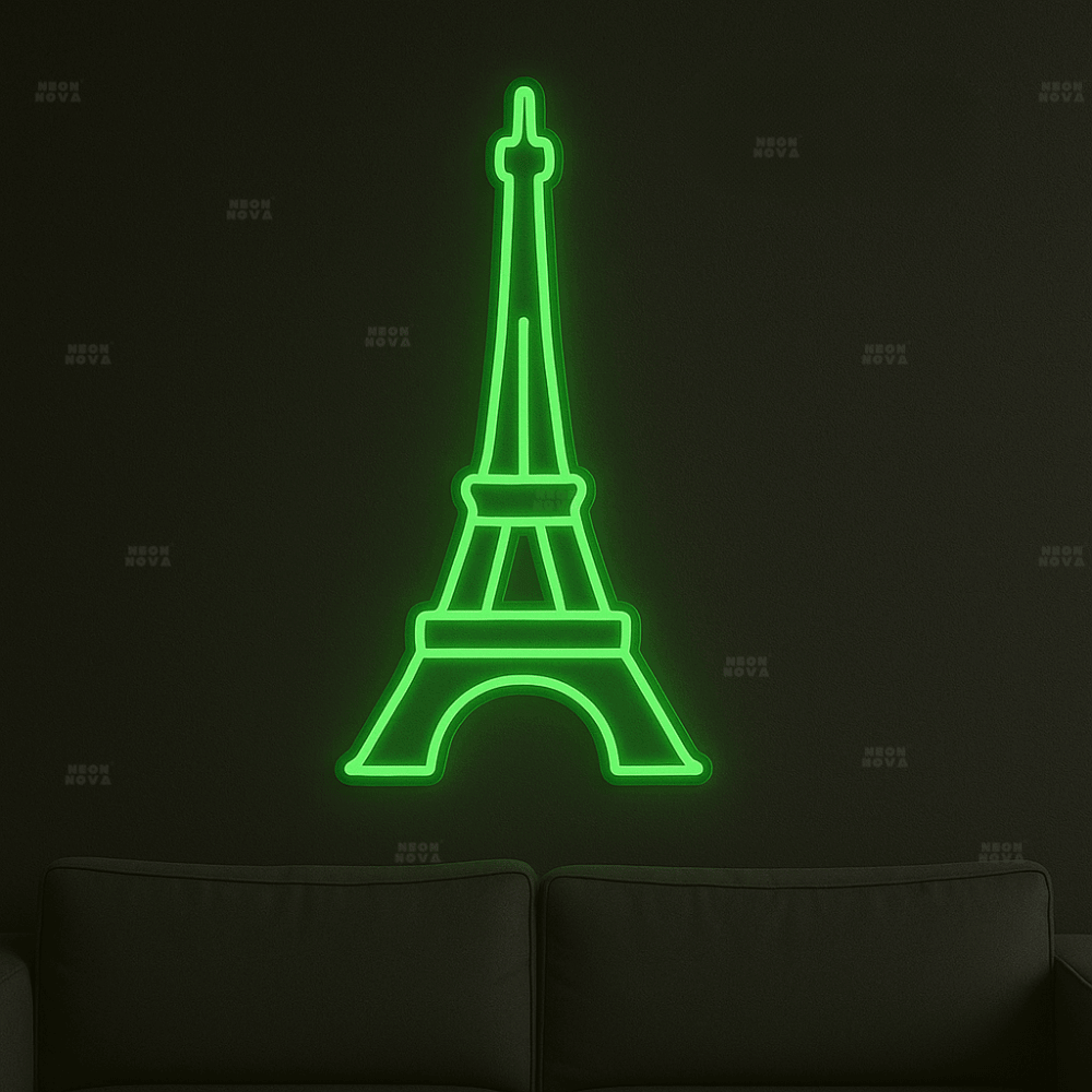 LED Neonschild Eiffelturm in Grün an schwarzer Wand montiert