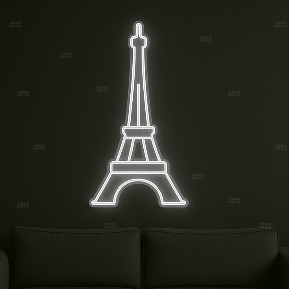 LED Neonschild Eiffelturm in Kaltweiß an schwarzer Wand montiert