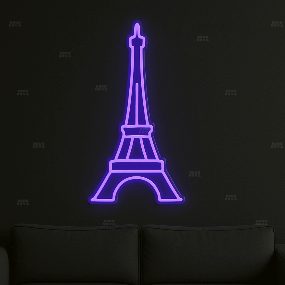 LED Neonschild Eiffelturm in Lila an schwarzer Wand montiert