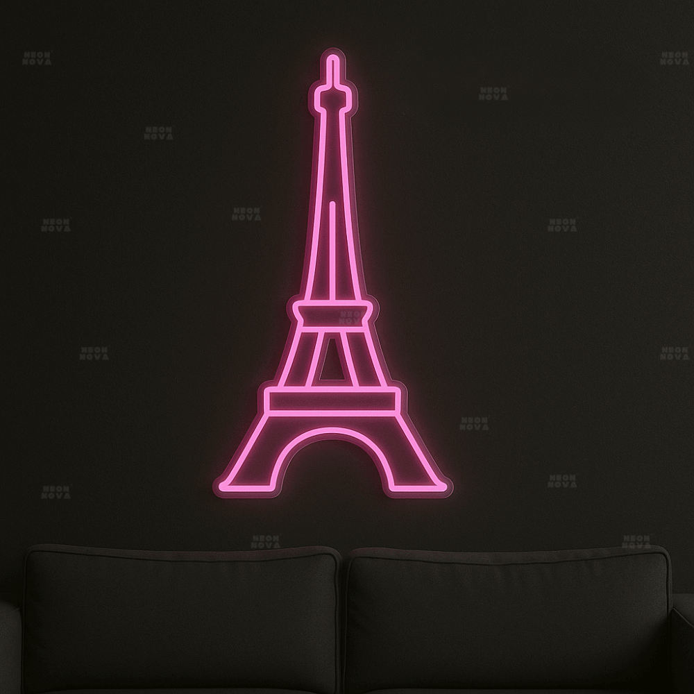 LED Neonschild Eiffelturm in Pink an schwarzer Wand montiert