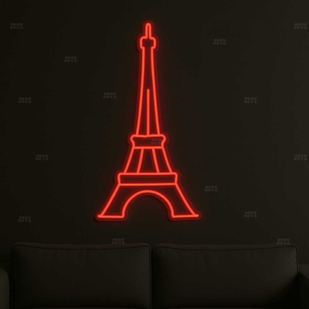 LED Neonschild Eiffelturm in Rot an schwarzer Wand montiert