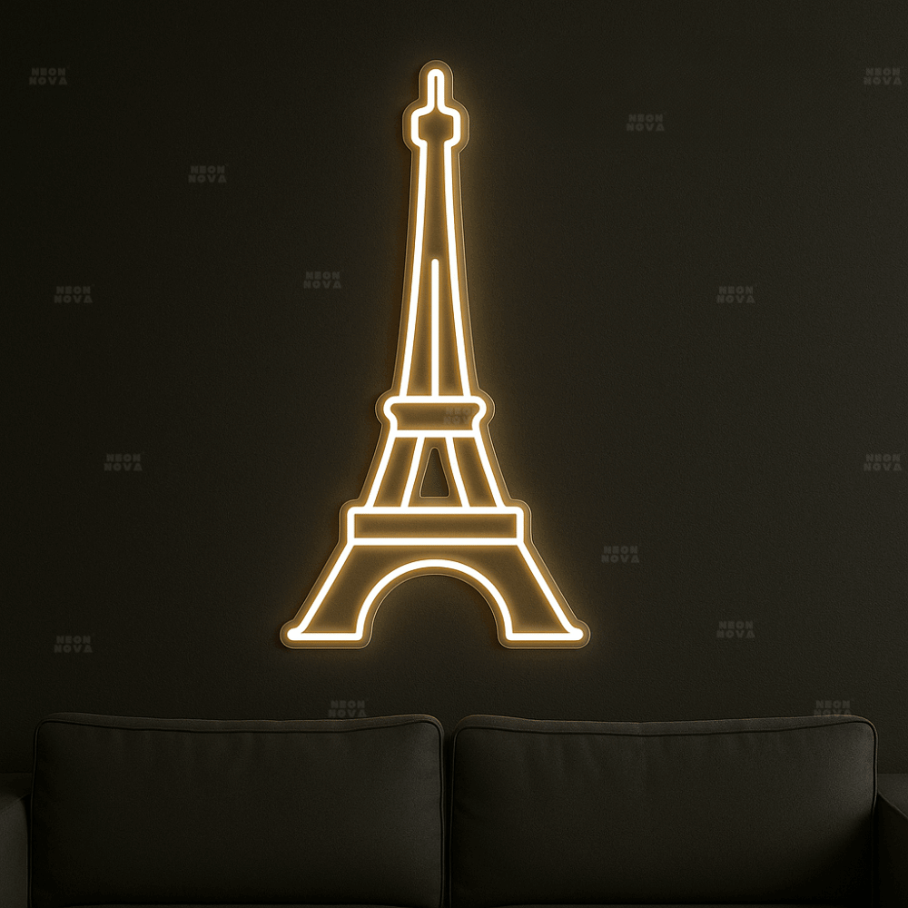 LED Neonschild Eiffelturm in Warmweiß an schwarzer Wand montiert