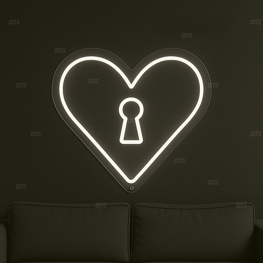 LED Neonschild "Herzschloss" in Kaltweiß an dunkler Wand montiert