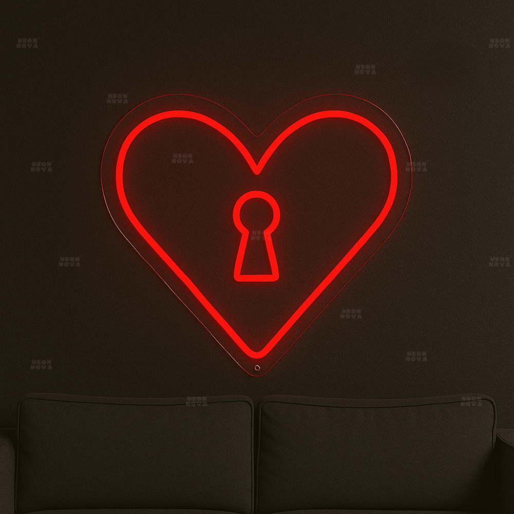LED Neonschild "Herzschloss" in Rot an dunkler Wand montiert