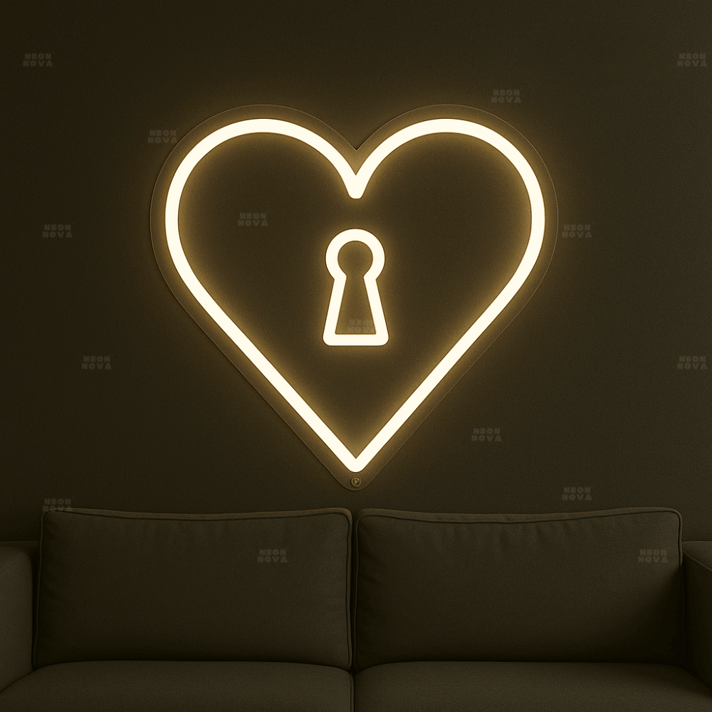 LED Neonschild "Herzschloss" in Warmweiß an dunkler Wand montiert