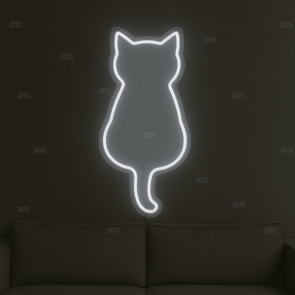 LED Neonschild "Katze" in Kaltweiß an dunkler Wand montiert