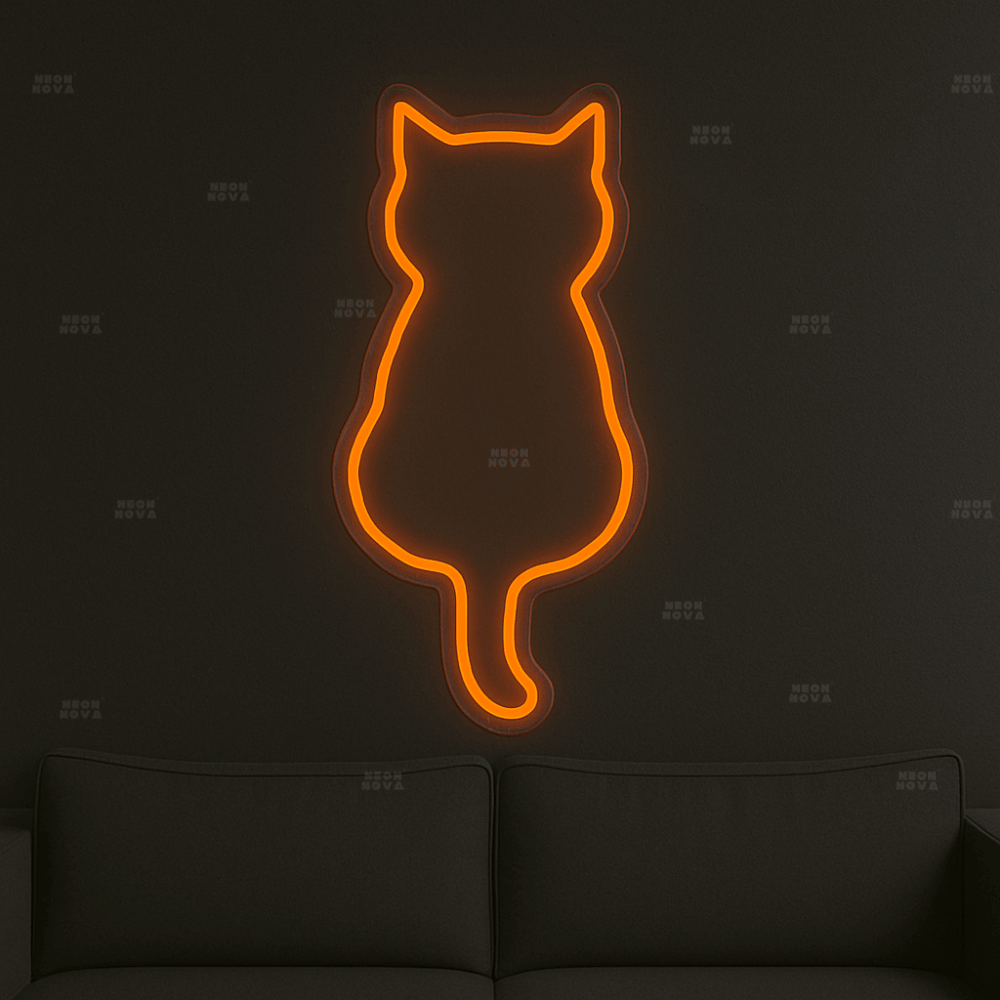 LED Neonschild "Katze" in Orange an dunkler Wand montiert