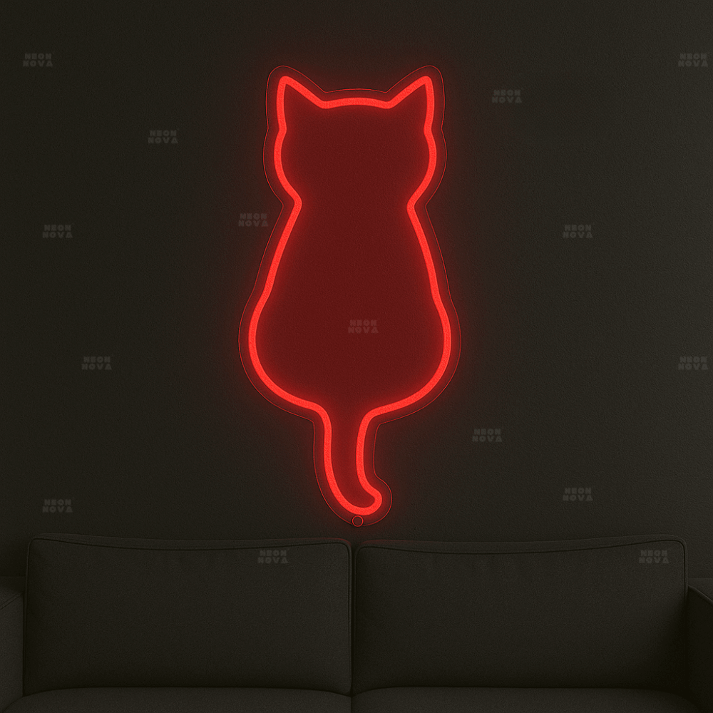 LED Neonschild "Katze" in Rot an dunkler Wand montiert