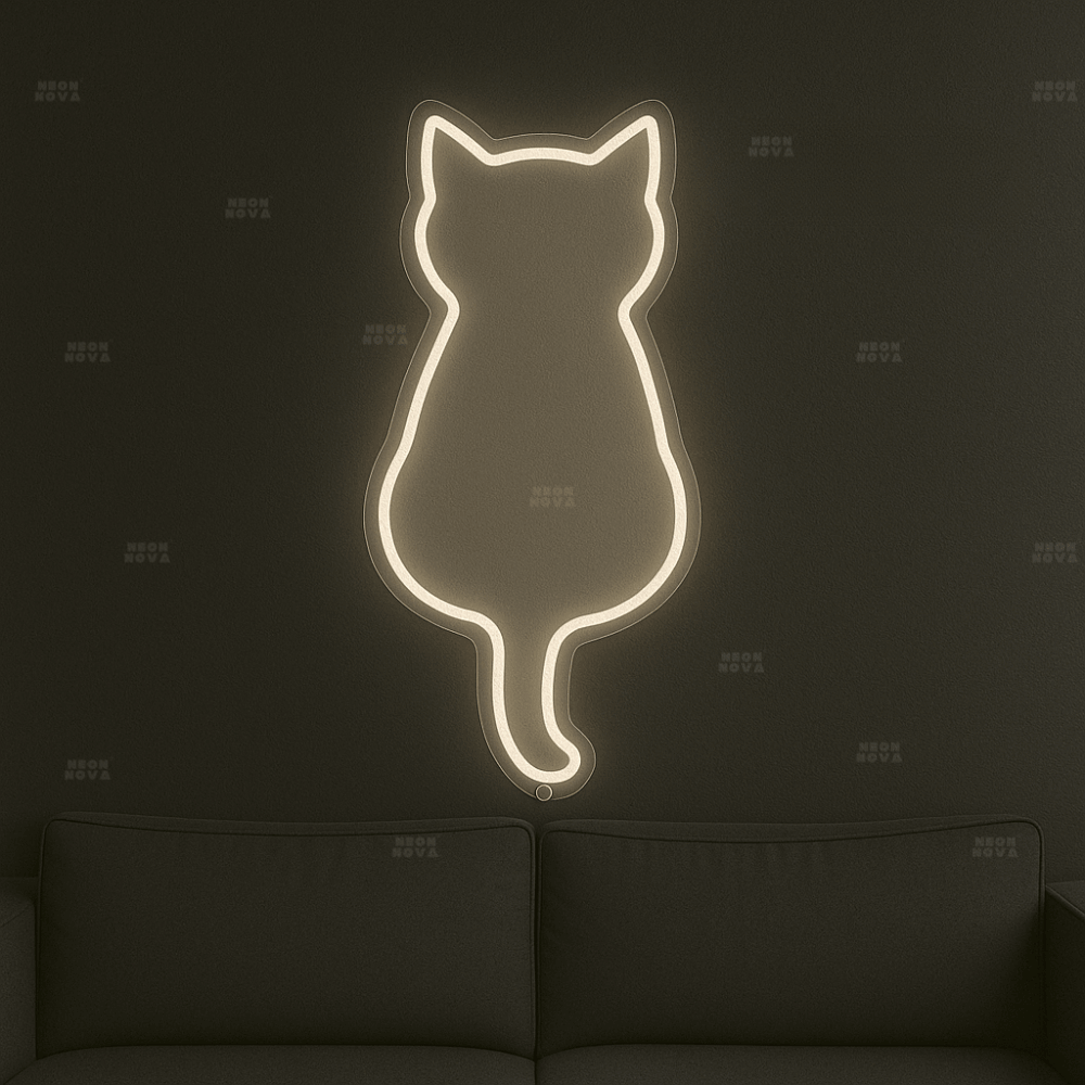 LED Neonschild "Katze" in Warmweiß an dunkler Wand montiert