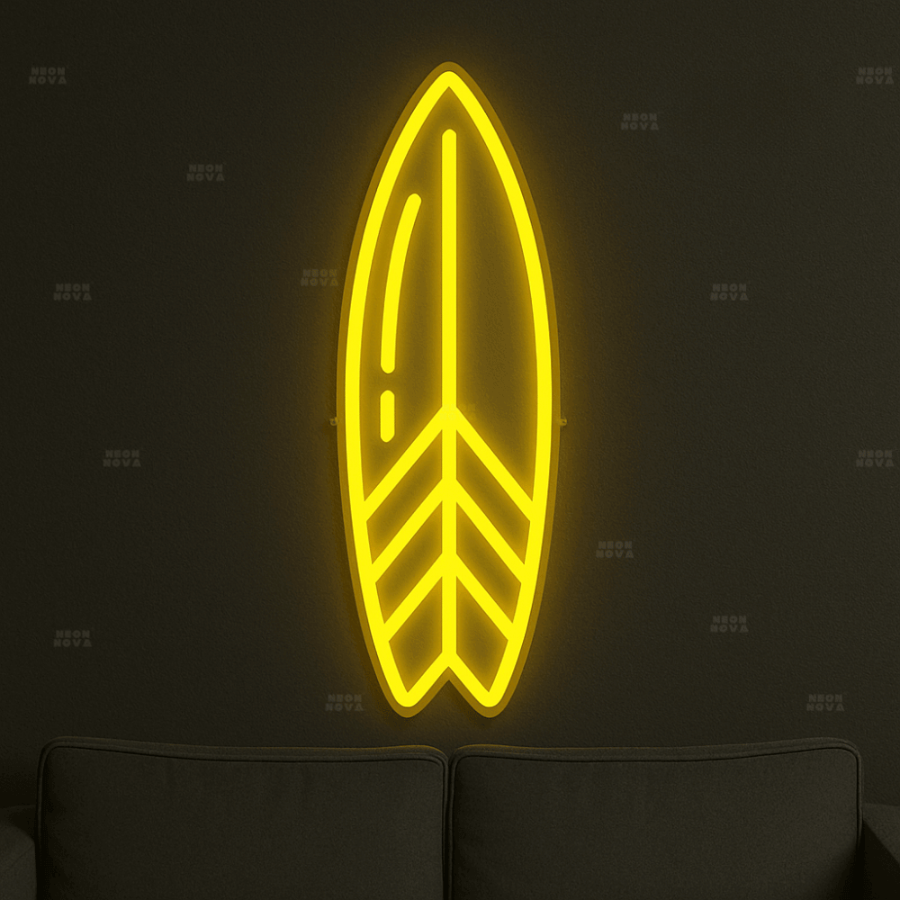 LED Neonschild "Surfboard" in Gelb an Wand montiert