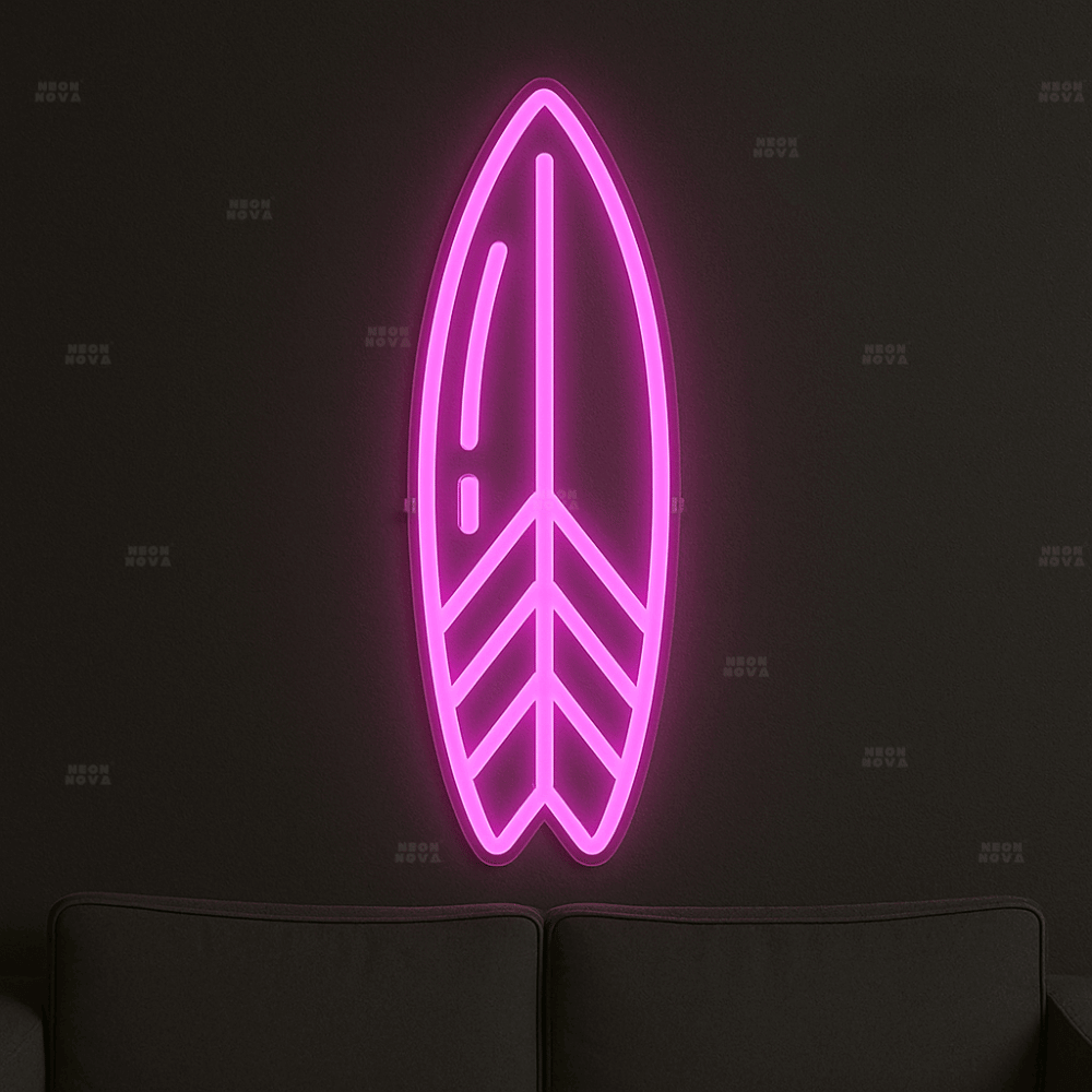 LED Neonschild "Surfboard" in Hotpink an Wand montiert