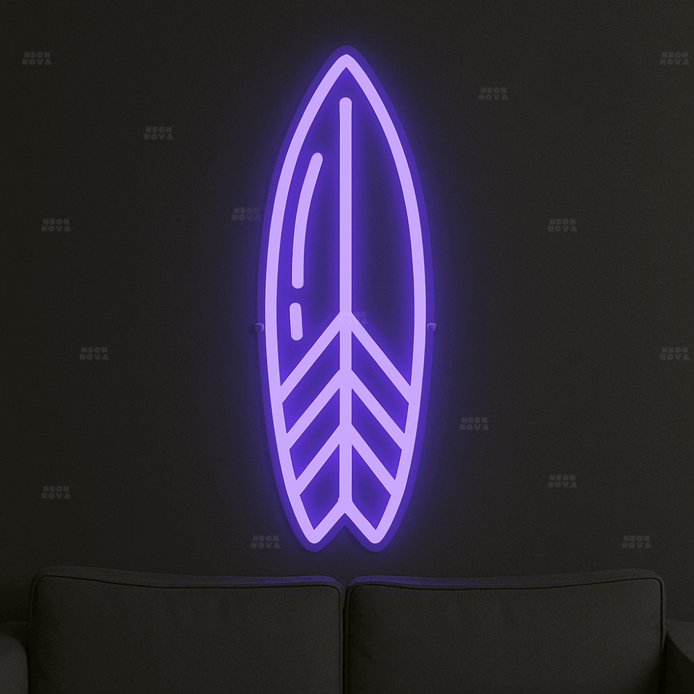 LED Neonschild "Surfboard" in Lila an Wand montiert