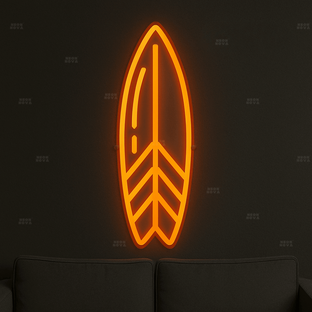 LED Neonschild "Surfboard" in Orange an Wand montiert