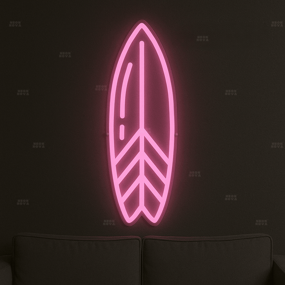 LED Neonschild "Surfboard" in Pink an Wand montiert