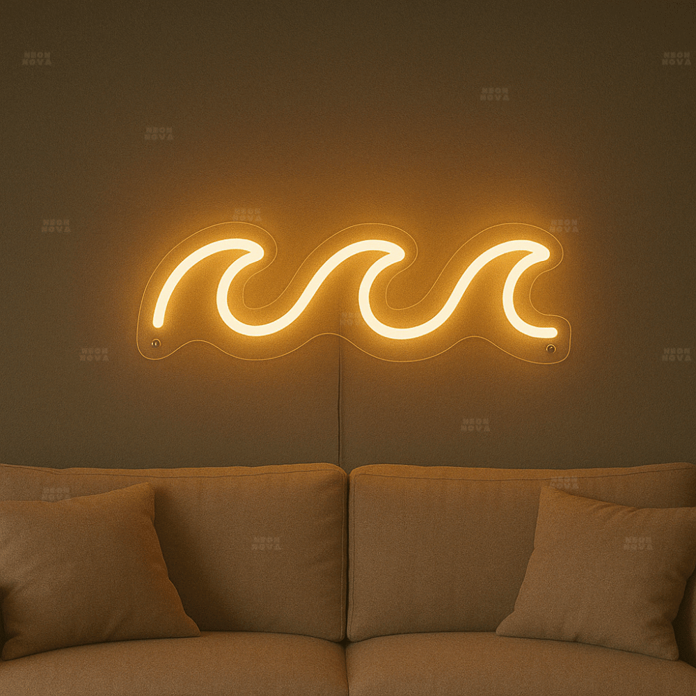 LED Neonschild "Welle" in Gelb an Wand montiert