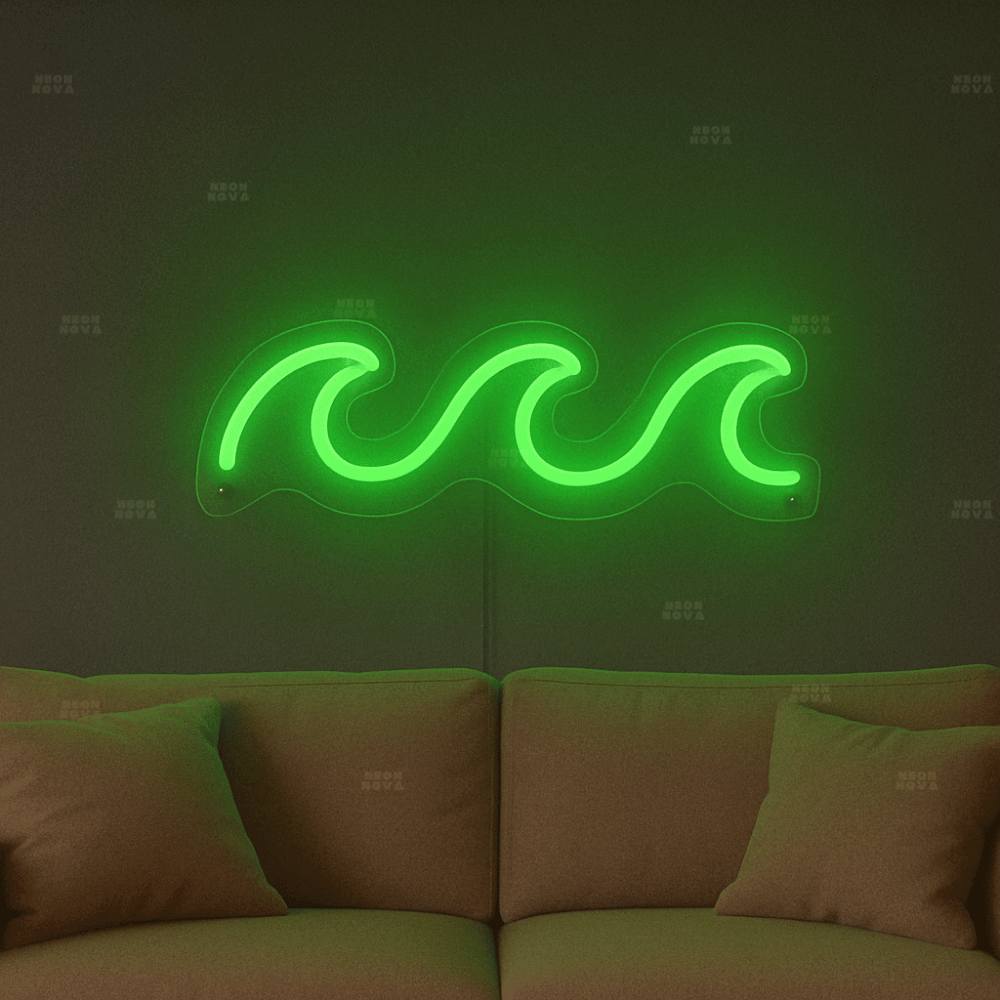 LED Neonschild "Welle" in Grün an Wand montiert