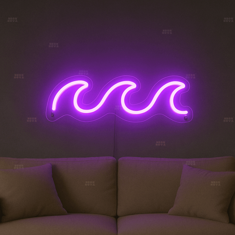 LED Neonschild "Welle" in Lila an Wand montiert