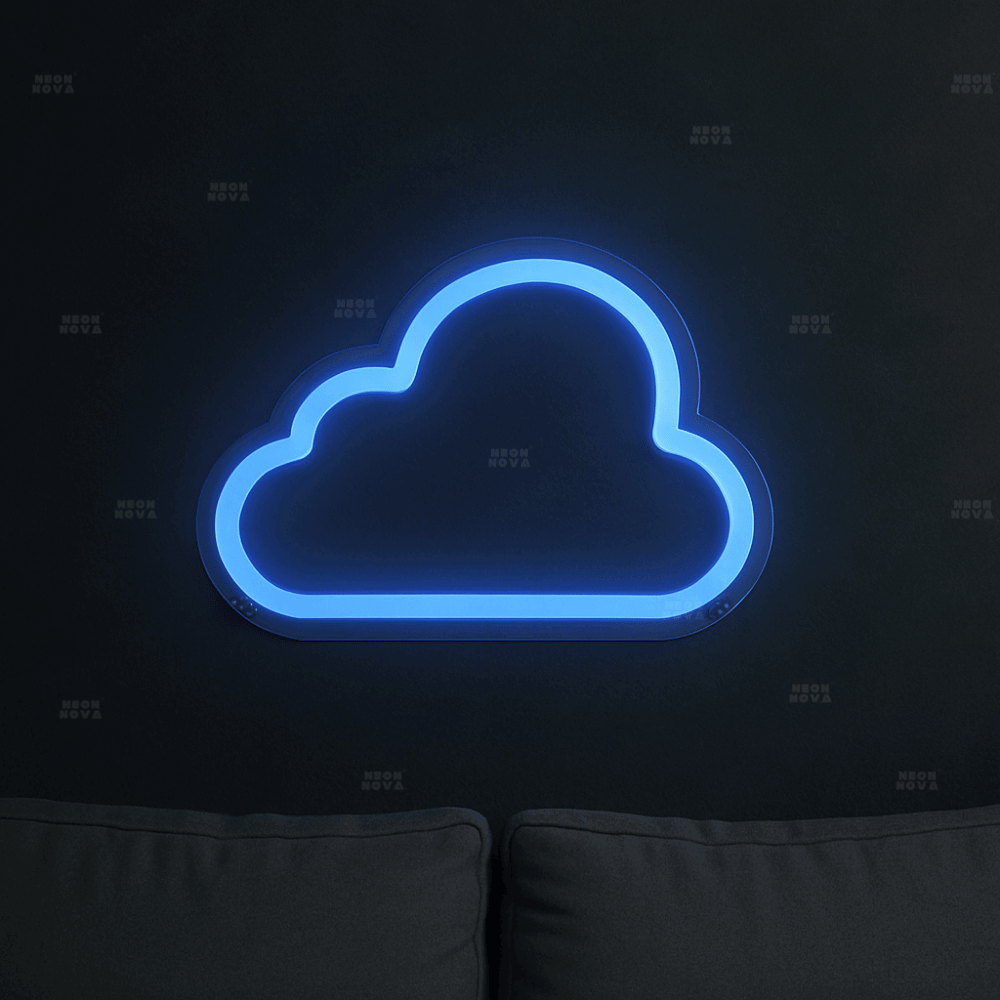 LED Neonschild Wolke in Blau an dunkler Wand montiert