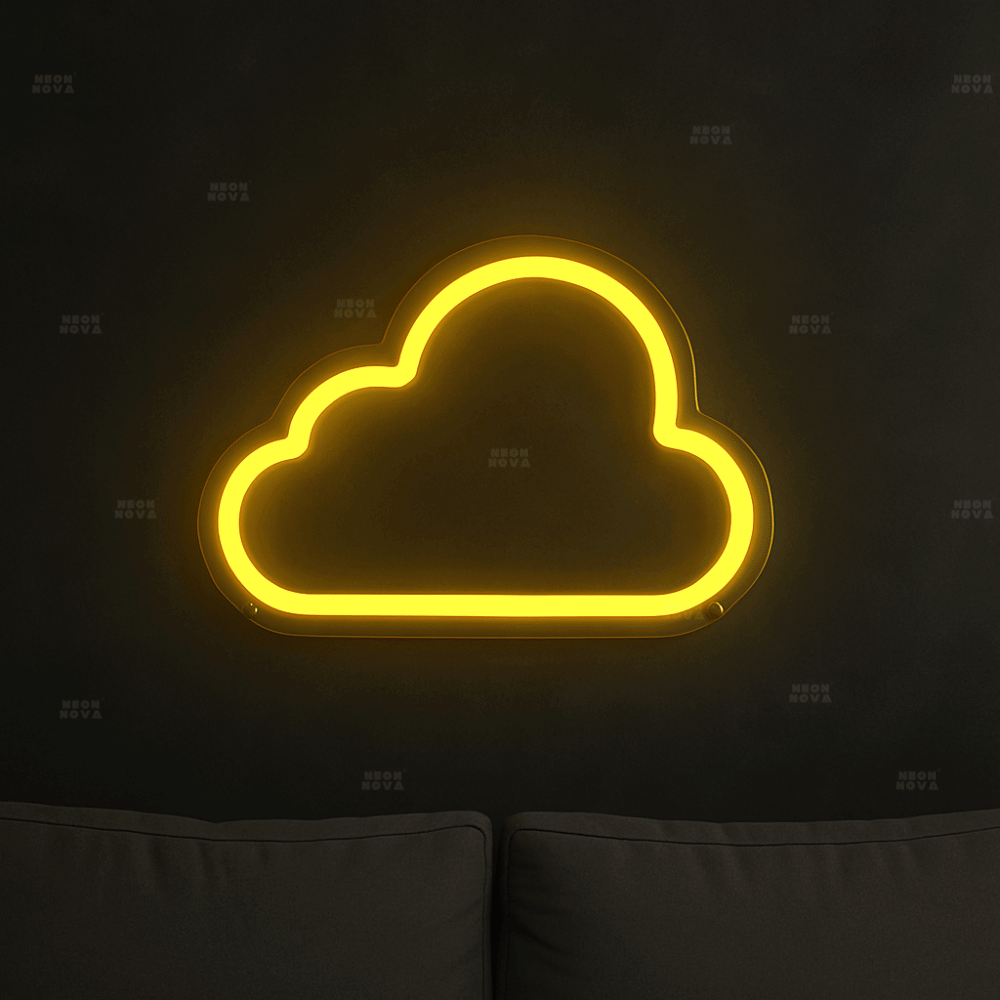 LED Neonschild Wolke in Gelb an dunkler Wand montiert