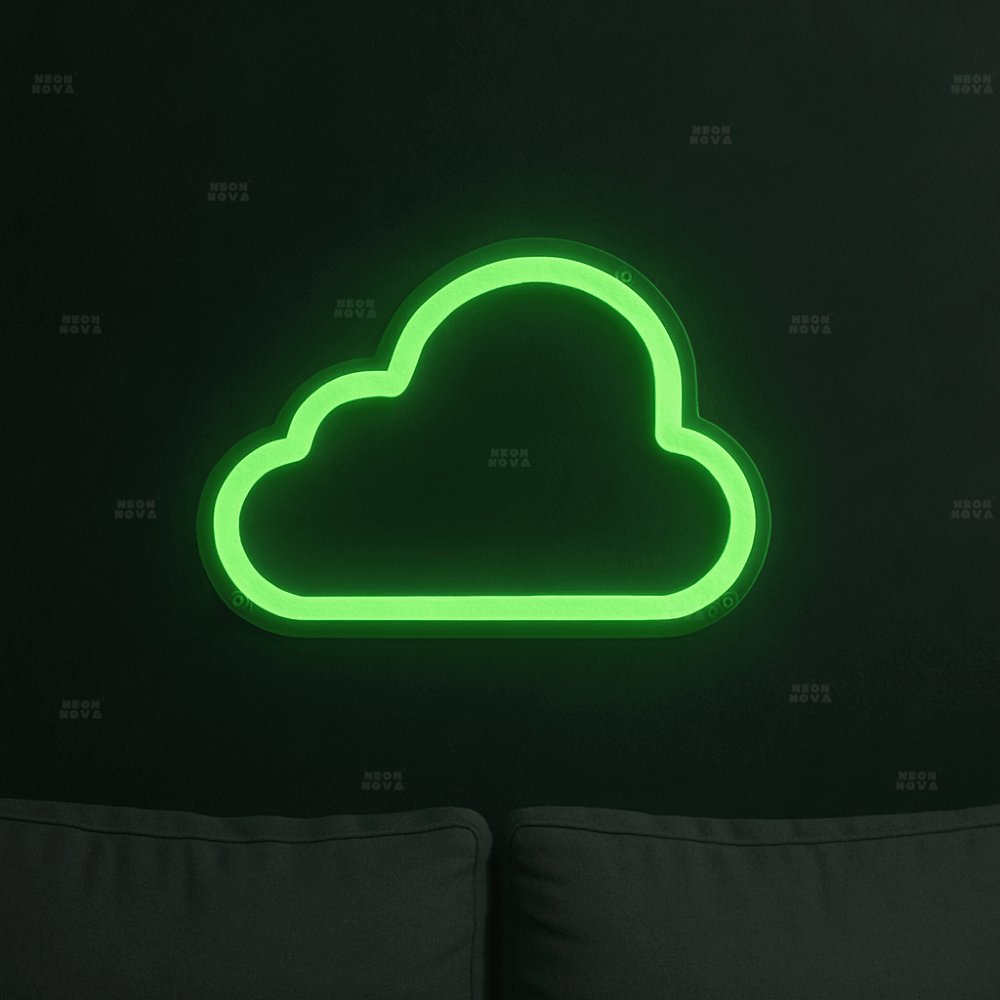LED Neonschild Wolke in Grün an dunkler Wand montiert