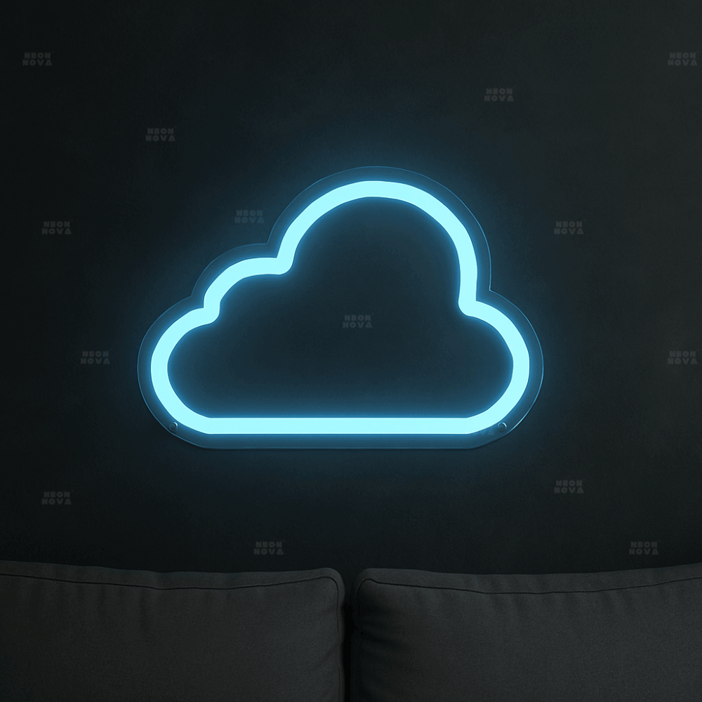 LED Neonschild Wolke in Hellblau an dunkler Wand montiert