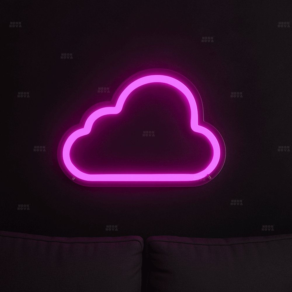LED Neonschild Wolke in Hotpink an dunkler Wand montiert