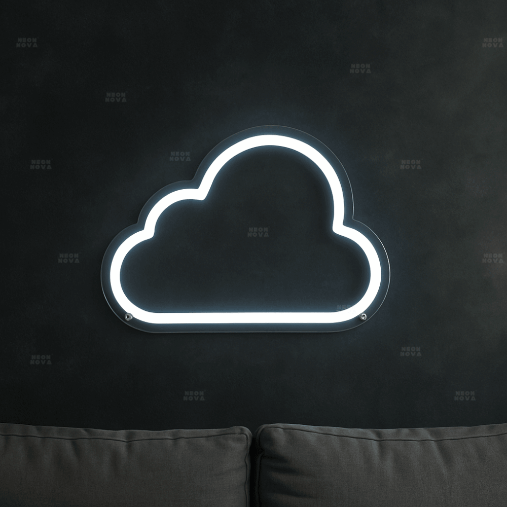 LED Neonschild Wolke in Kaltweiß an dunkler Wand montiert
