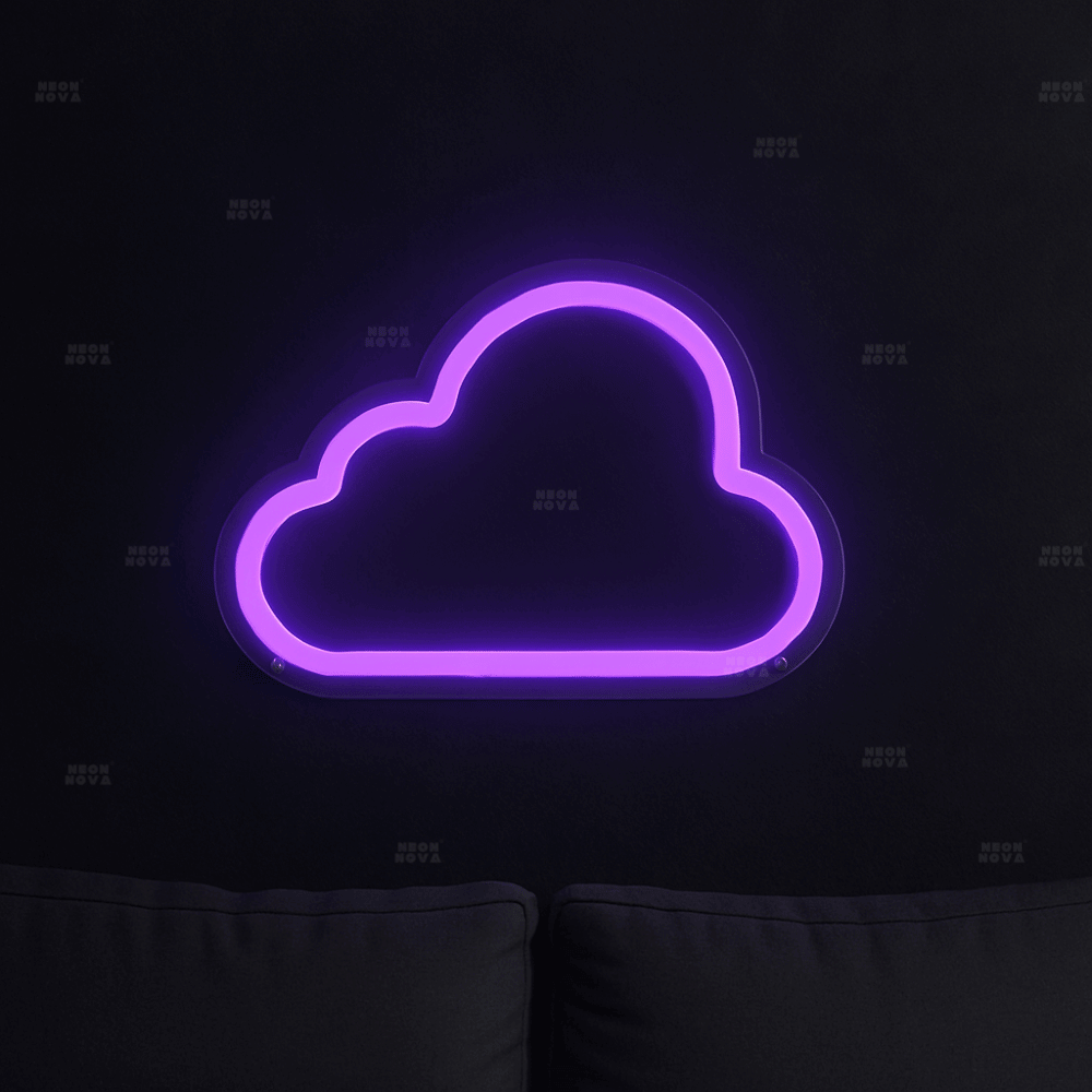 LED Neonschild Wolke in Lila an dunkler Wand montiert