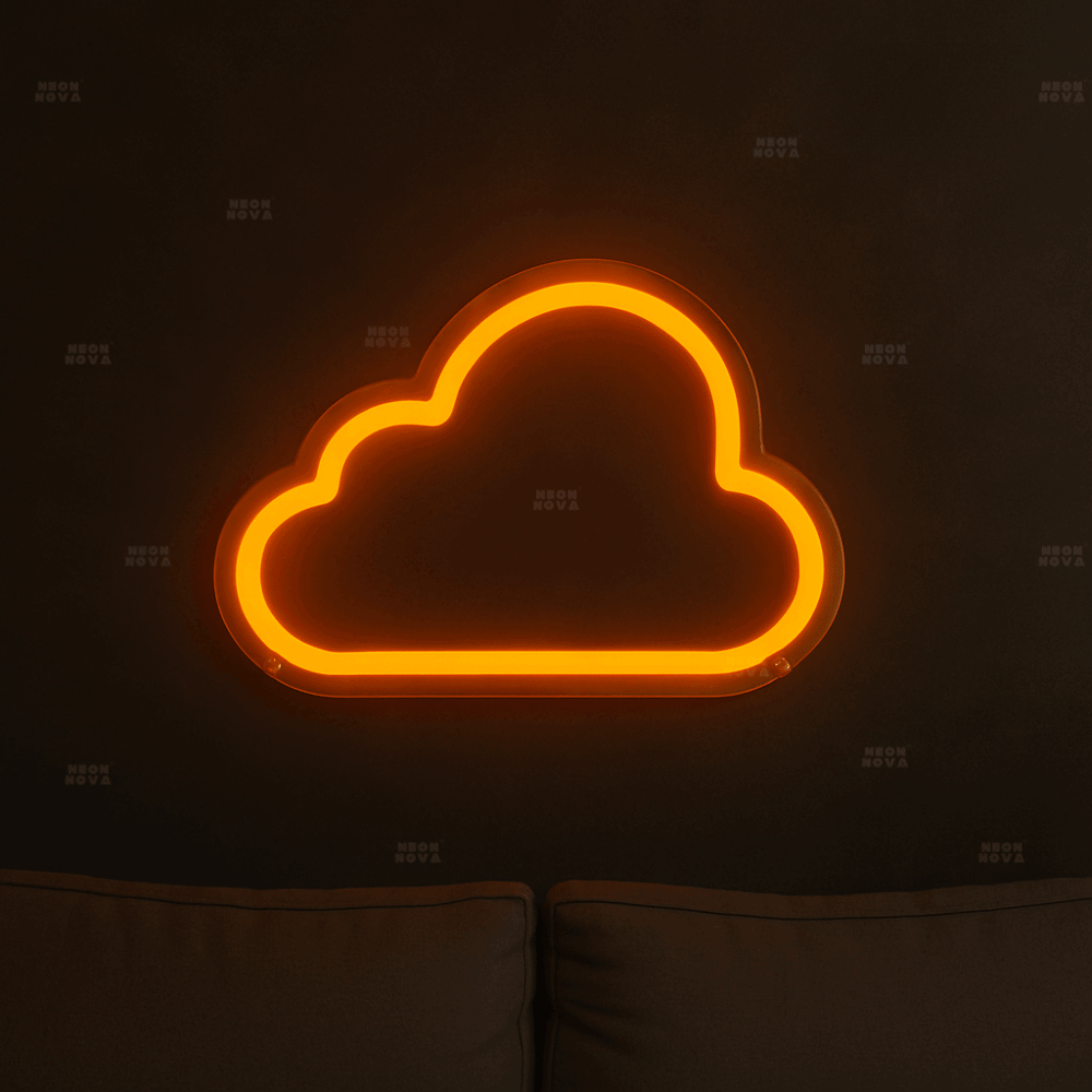 LED Neonschild Wolke in Orange an dunkler Wand montiert