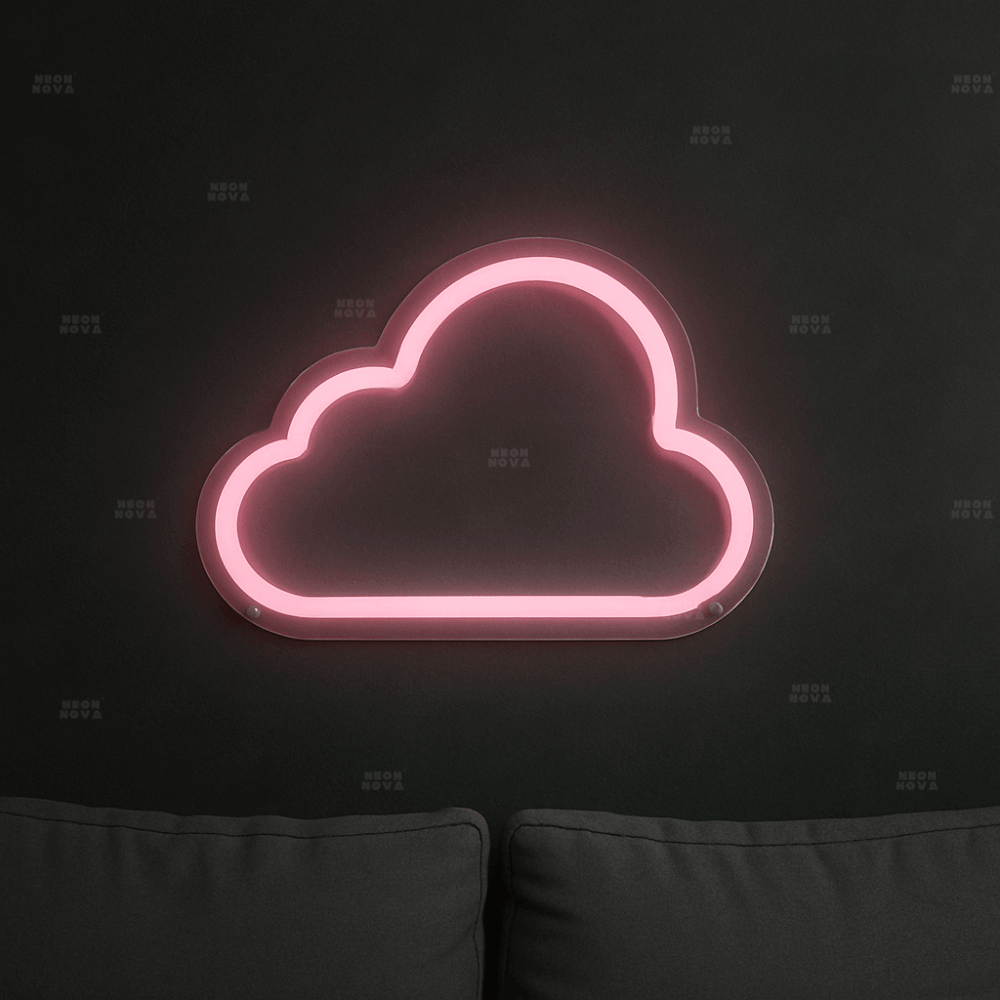 LED Neonschild Wolke in Pink an dunkler Wand montiert
