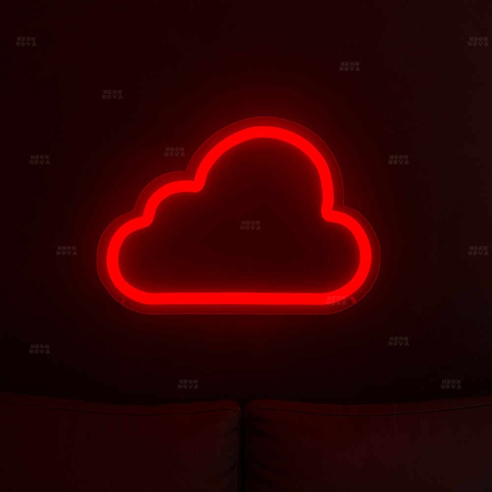 LED Neonschild Wolke in Rot an dunkler Wand montiert