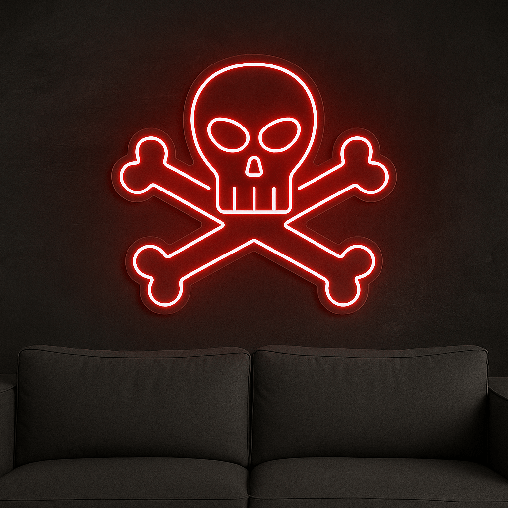 LED Neonschild Totenkopf an schwarzer Wand über Sofa, leuchtend in Rot