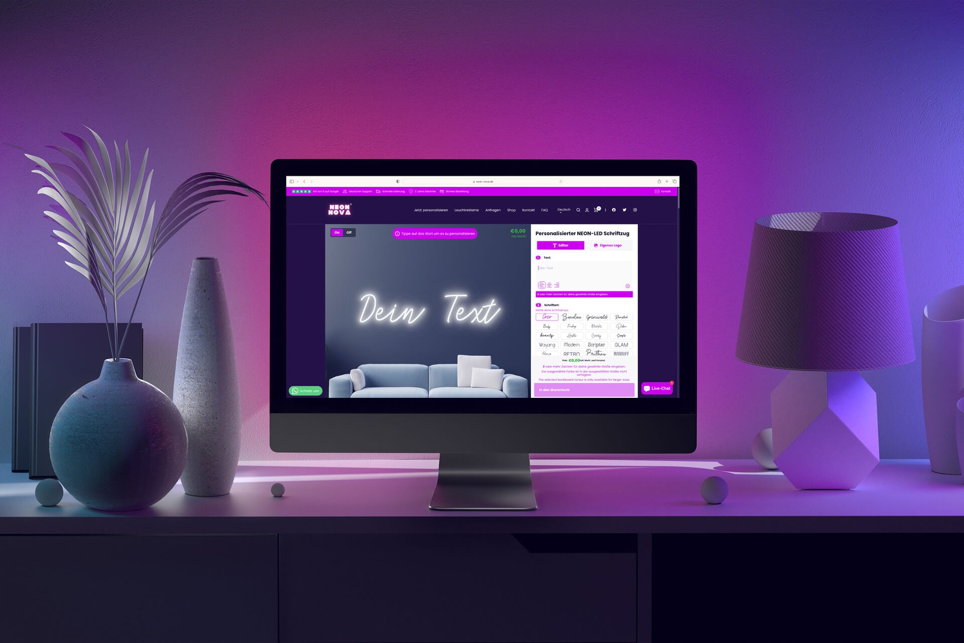 Computerbildschirm mit Neonschild Konfigurator