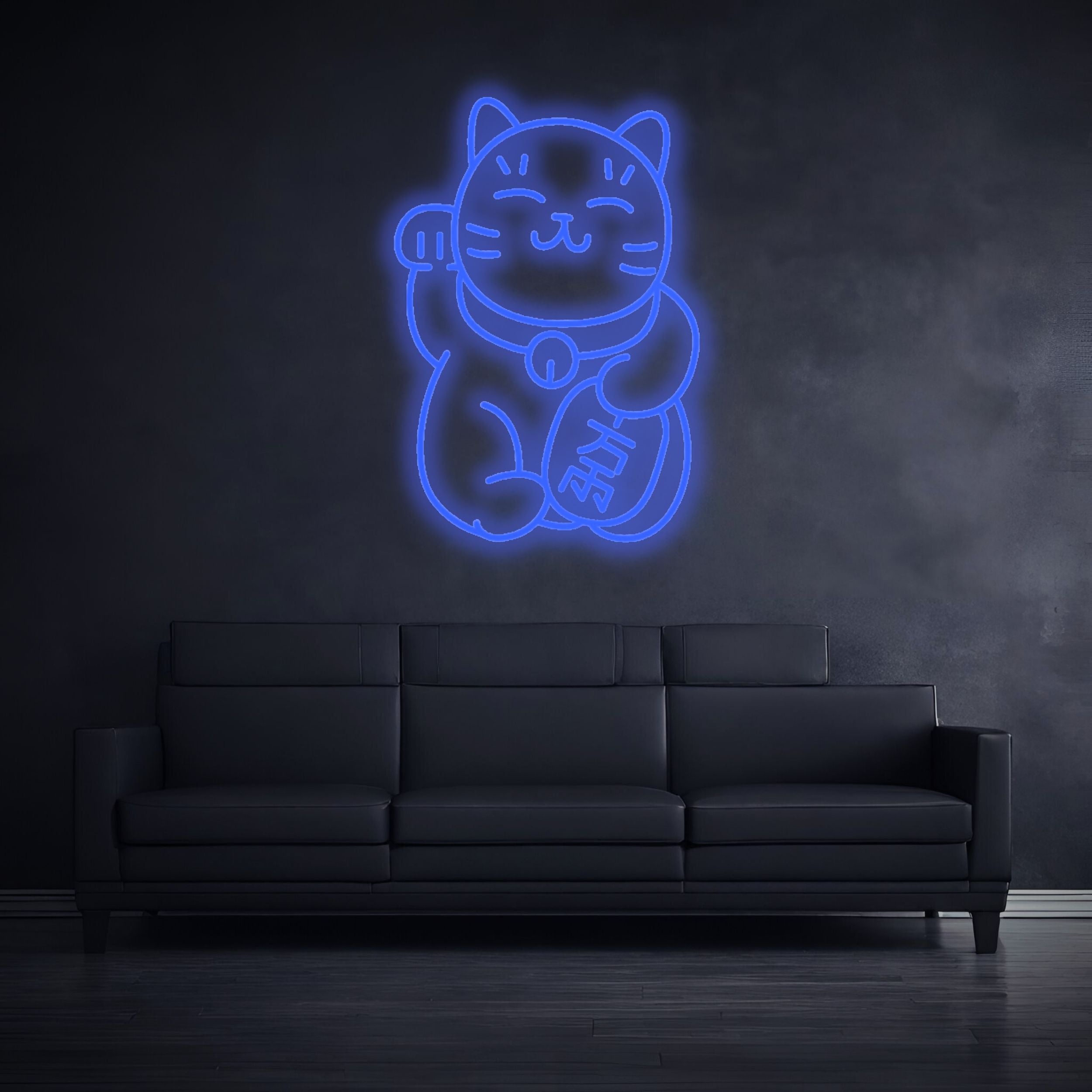 Neon Sign_Glueckskatze_Dunkelblau