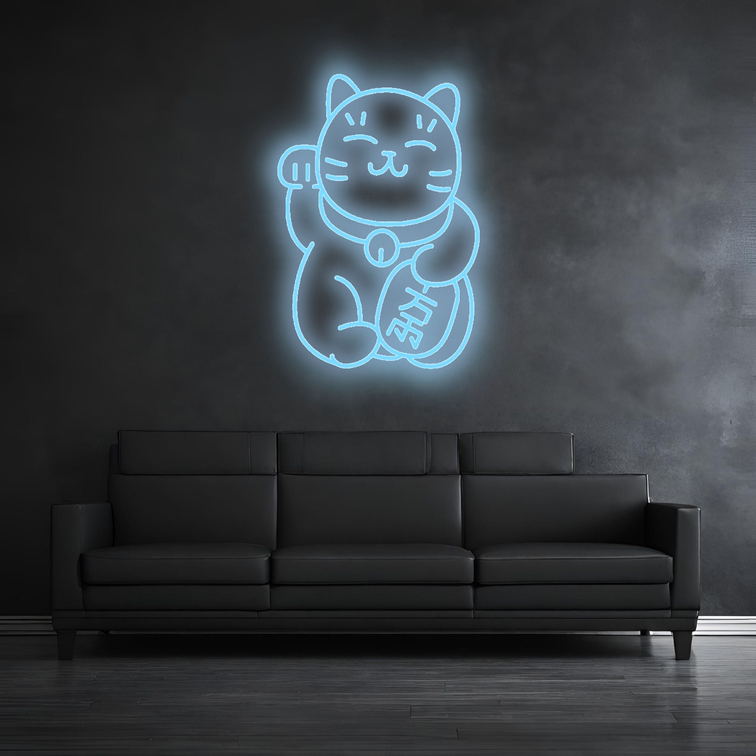 Neon Schild_Glueckskatze_Eisblau