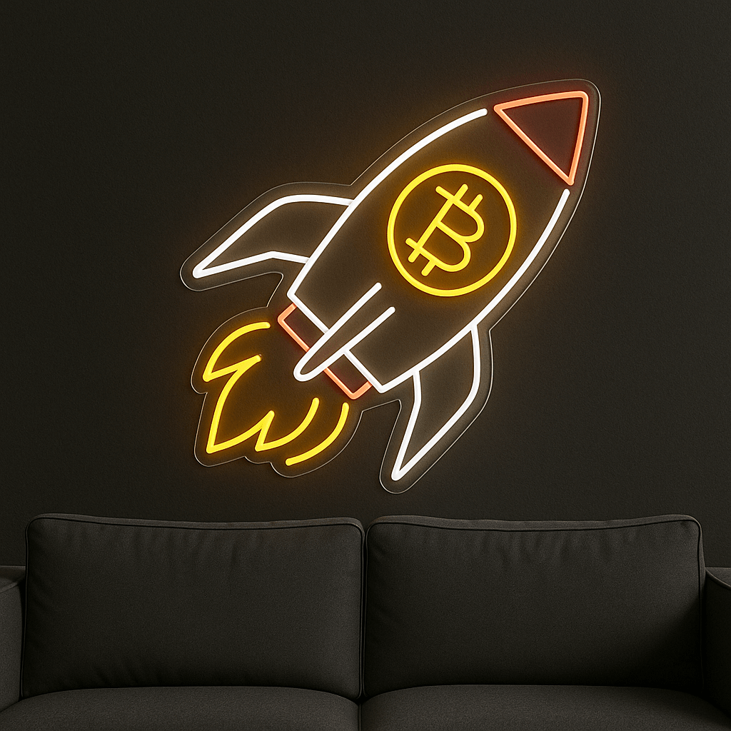 Bitcoin Rakete LED Neonschild über Sofa, leuchtend in Orange und Gelb